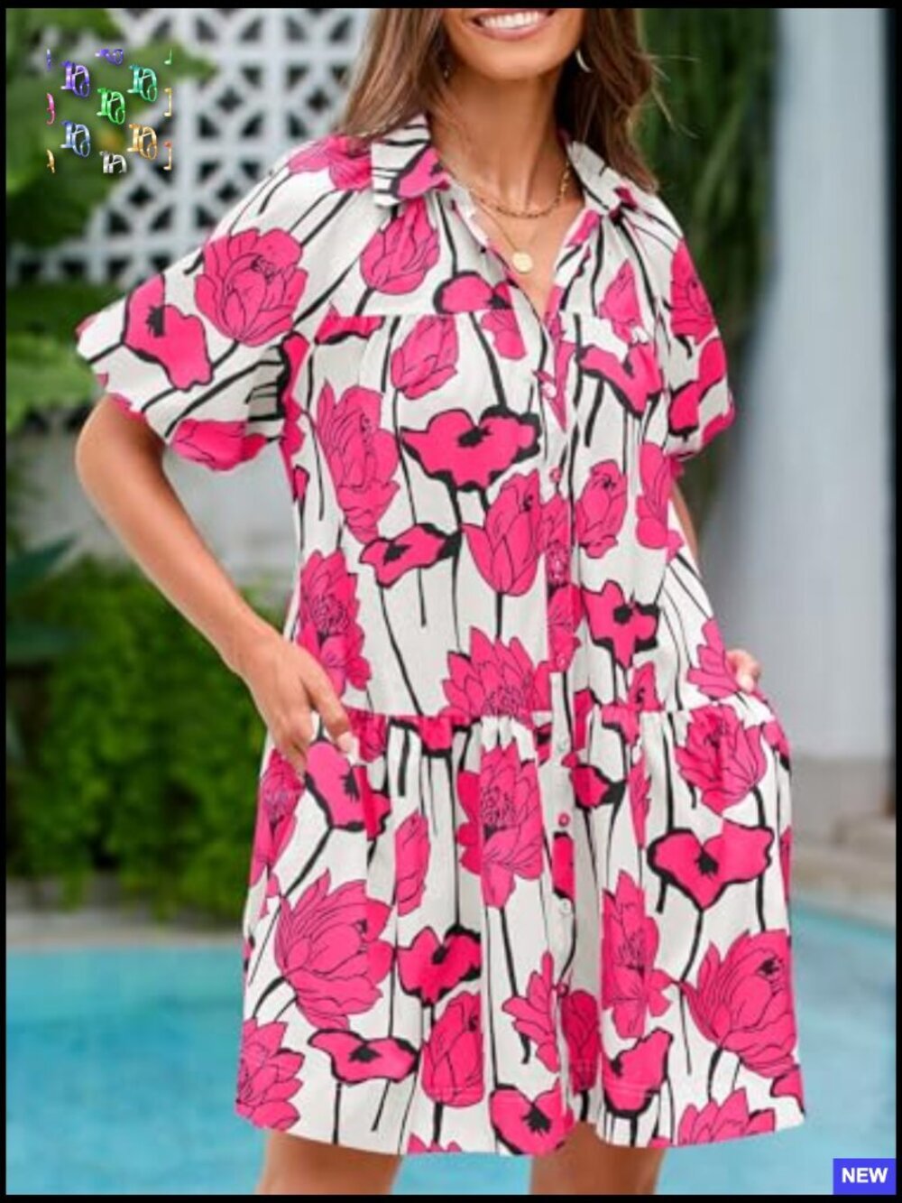 Floral Button Down Shirt Dress Puff Sleeve Casual Loose Fit Mini Summer Boho - Picture 3 of 7